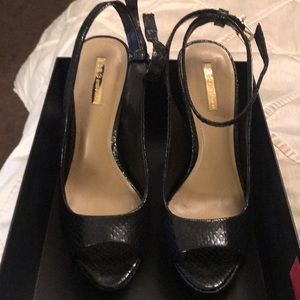 Black open toe ankle straps heels